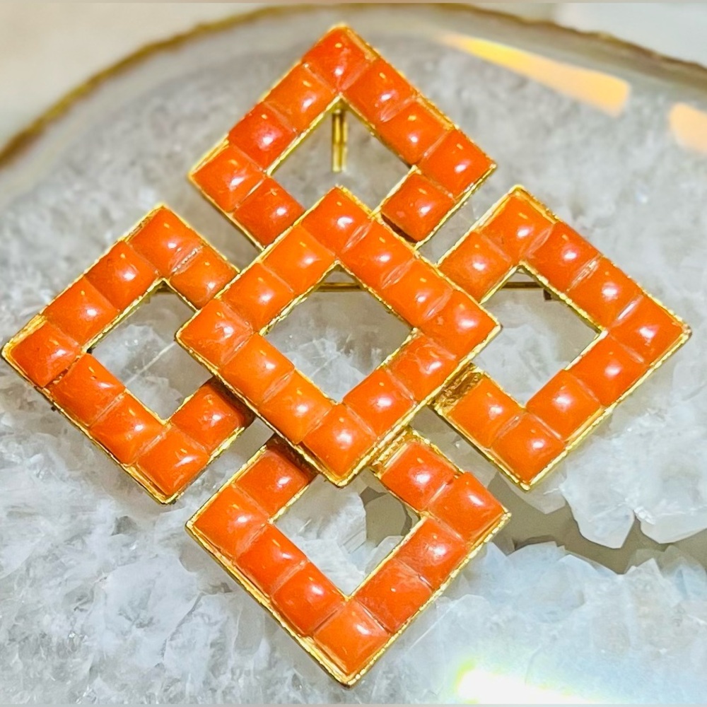 Vintage Geometric Orange and Gold Brooch, Unsigned, 3”x3”